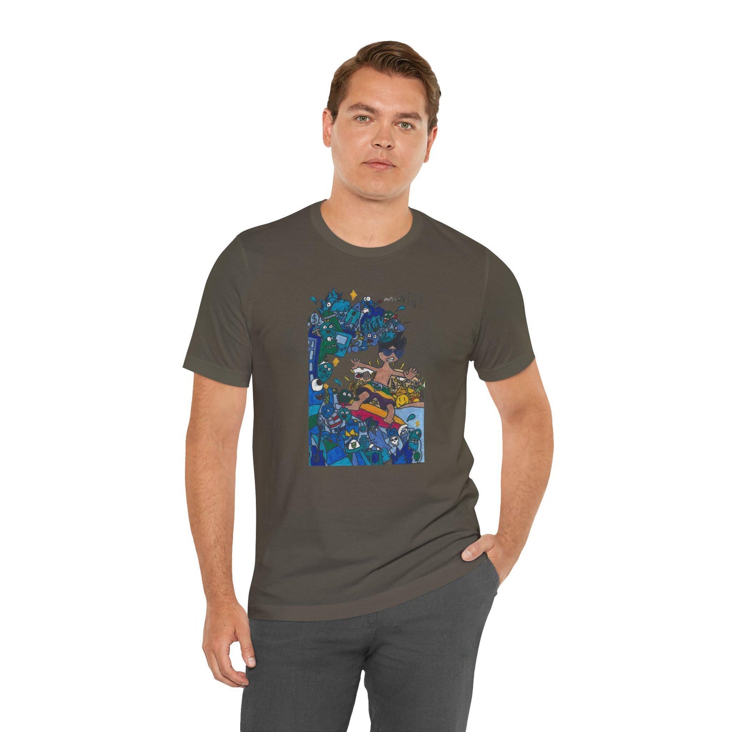 Ride the waves in style with this unique surfing-themed T-shirt, designed by Marcos, an 11-year-old artist with a passion for the ocean!