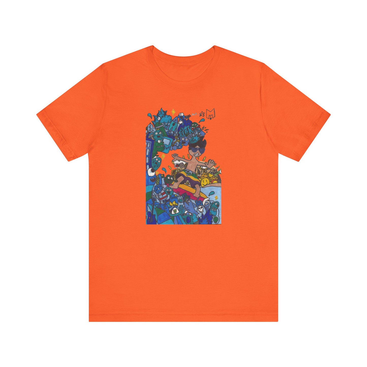 Ride the waves in style with this unique surfing-themed T-shirt, designed by Marcos, an 11-year-old artist with a passion for the ocean!