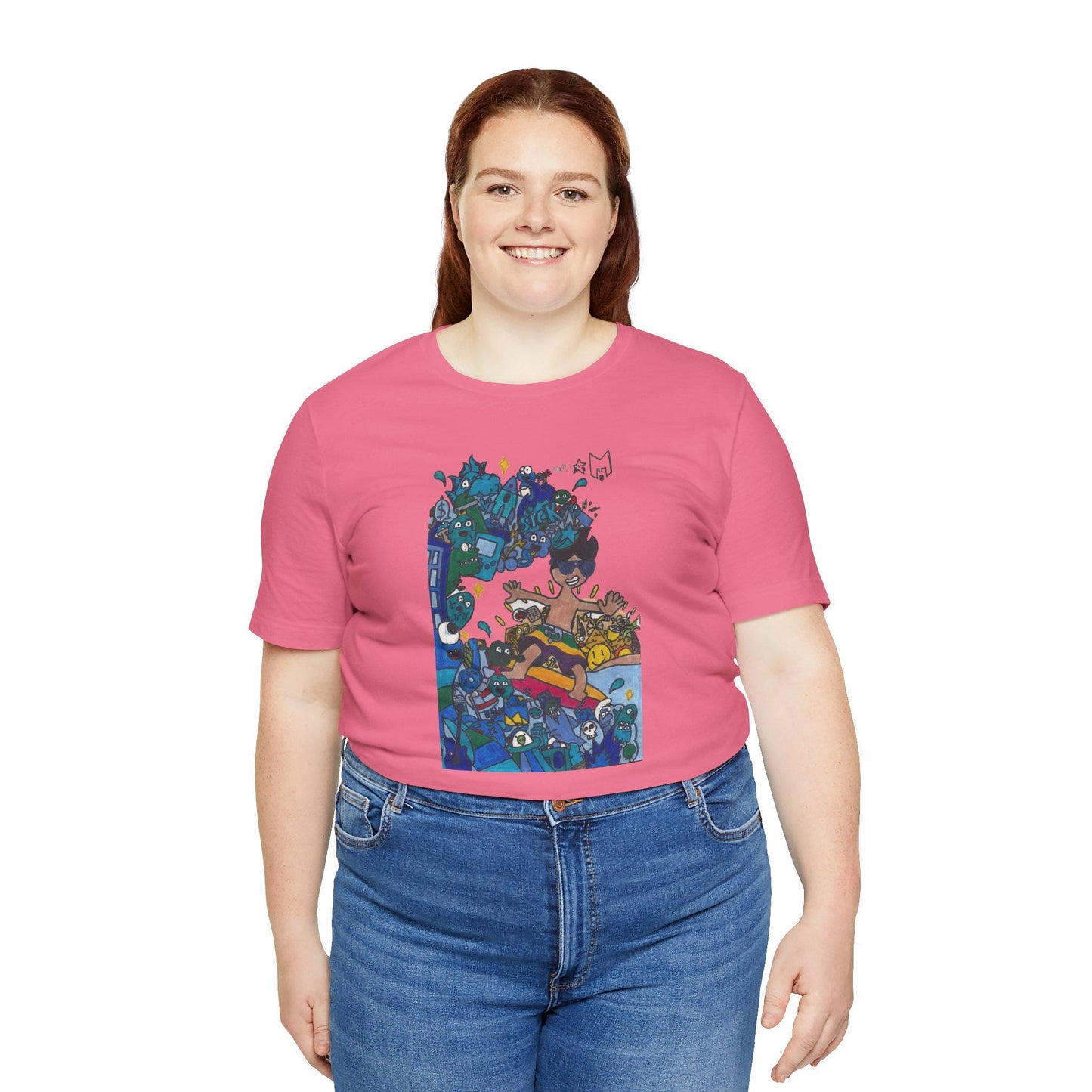 Ride the waves in style with this unique surfing-themed T-shirt, designed by Marcos, an 11-year-old artist with a passion for the ocean!