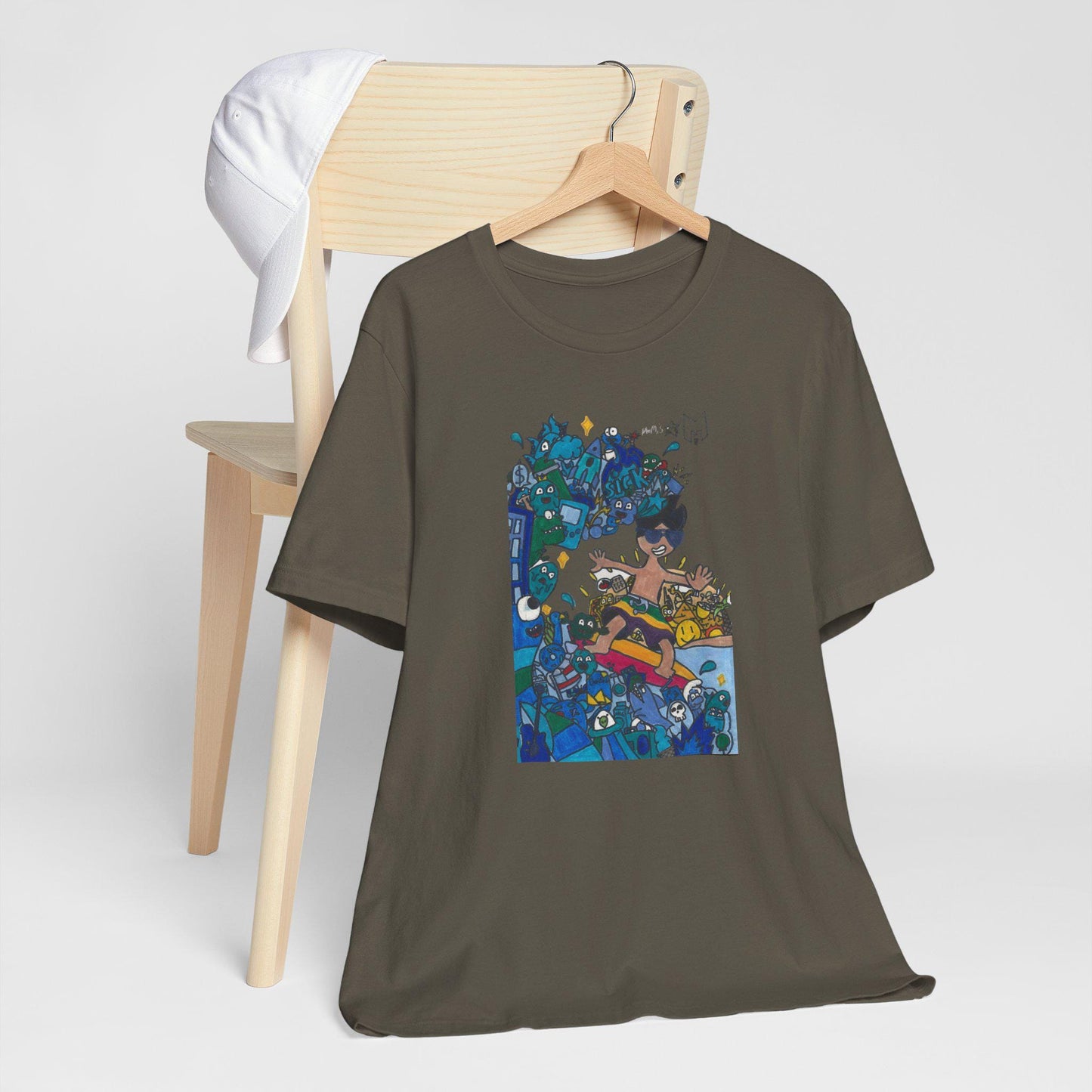 Ride the waves in style with this unique surfing-themed T-shirt, designed by Marcos, an 11-year-old artist with a passion for the ocean!