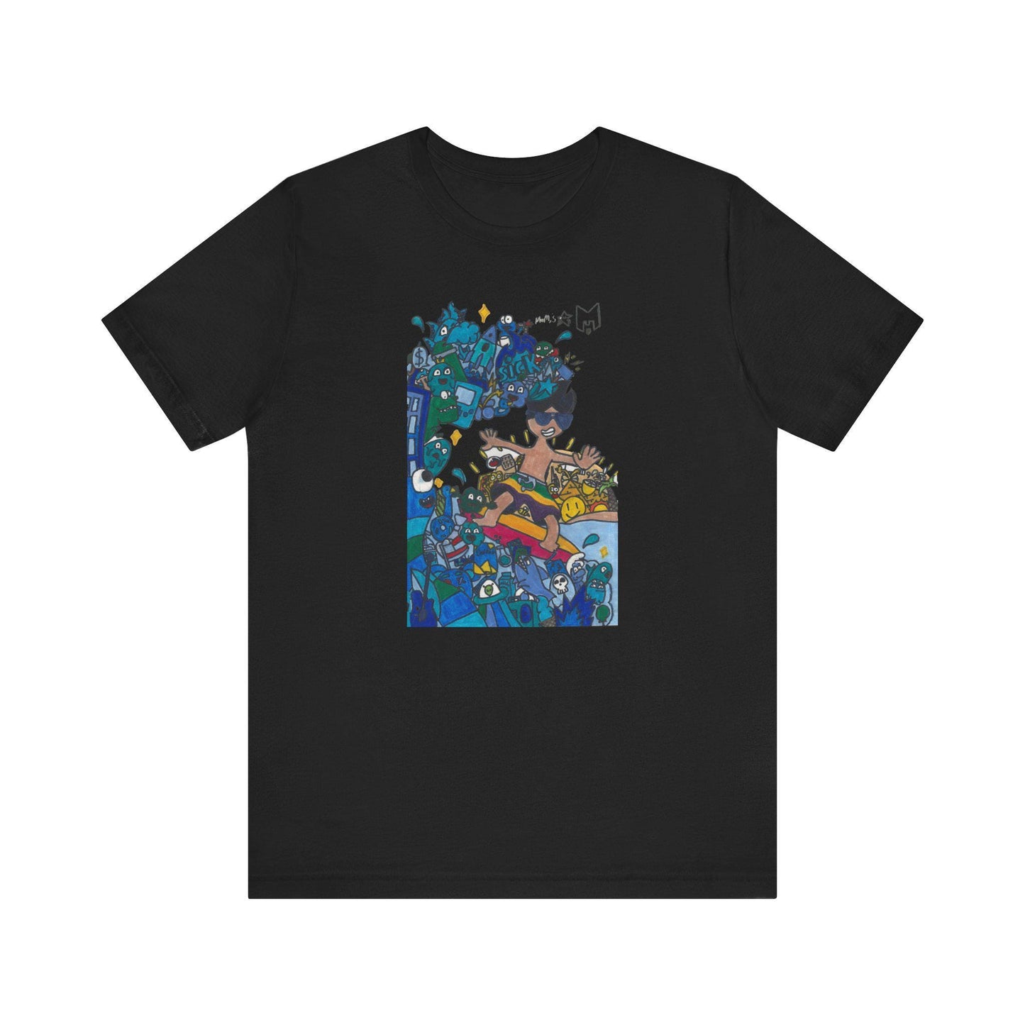Ride the waves in style with this unique surfing-themed T-shirt, designed by Marcos, an 11-year-old artist with a passion for the ocean!