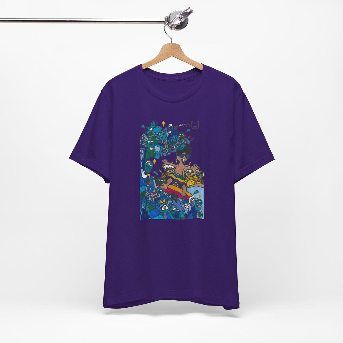 Ride the waves in style with this unique surfing-themed T-shirt, designed by Marcos, an 11-year-old artist with a passion for the ocean!