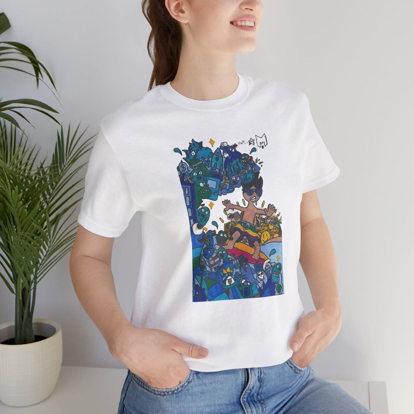 Ride the waves in style with this unique surfing-themed T-shirt, designed by Marcos, an 11-year-old artist with a passion for the ocean!